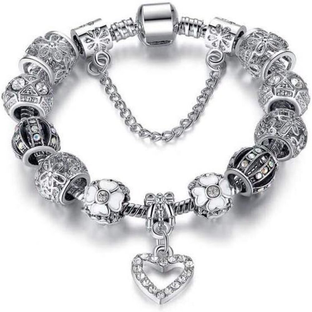 Silver Tone Charm Bracelet with Beads Snake Chain for Women Gifts